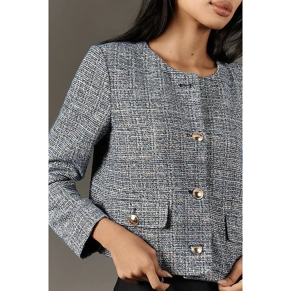 Maeve Anthropologie Tweed Knit Blazer Jacket Womens XL Blue Textured NWT